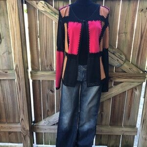 T &W Designs Colorblock Patchwork Faux Suede & Black Crochet Cardigan Size L